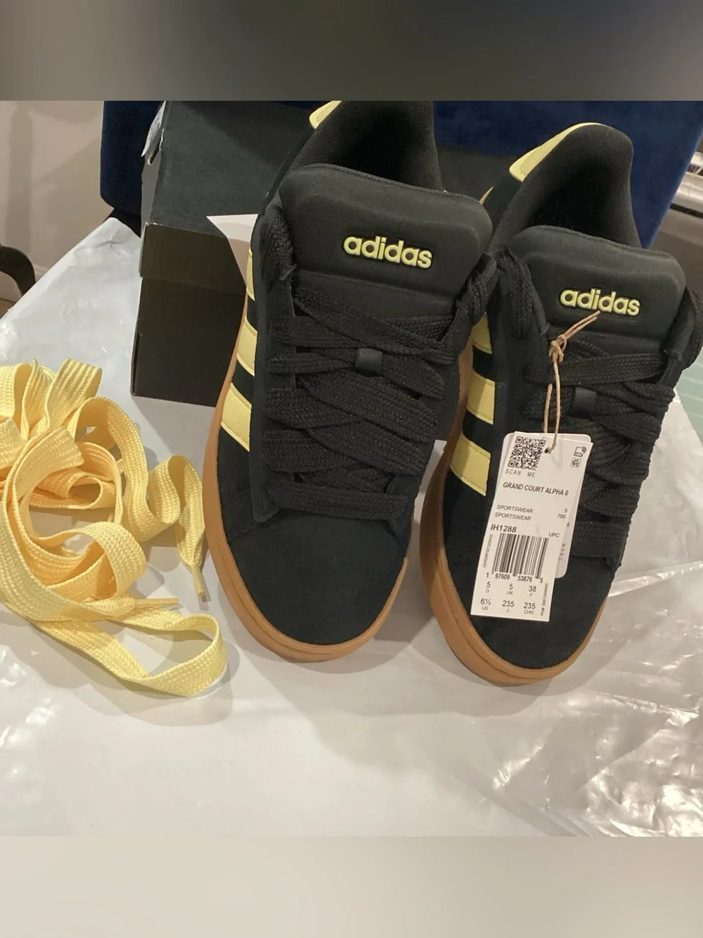 adidas Grand Court Alpha 00s Sneakers Black Yellow Gum Sole Women’s 6.5 NIB